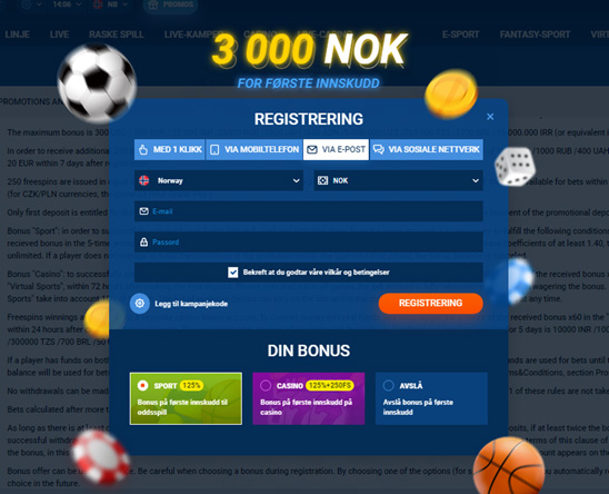 Du kan sette inn NOK på MostBets nettside