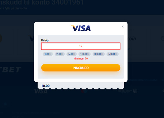 Innskudd med bankkort, har et minimumsbeløp på 10 NOK